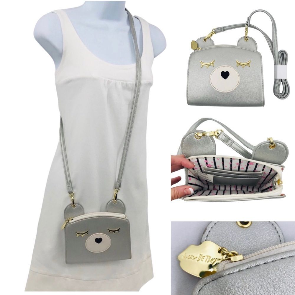 Betsey Johnson Luv Betsy Silver Metallic Bear Marlie Crossbody Bag Kidcore NWOT